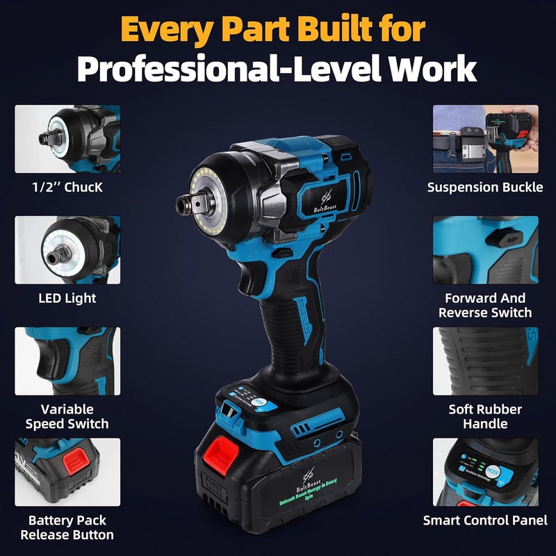 BoltBeast 500 N.m Brushless Impact Wrench with Small Wrench, Waist Hook, 7 Sockets, 6 Scredrivers and 6 Drill Bits 3500 RPM Heavy Duty Impact Drill for Cars, RV, Truck,Home Furniture and DIY Projects - Image 3